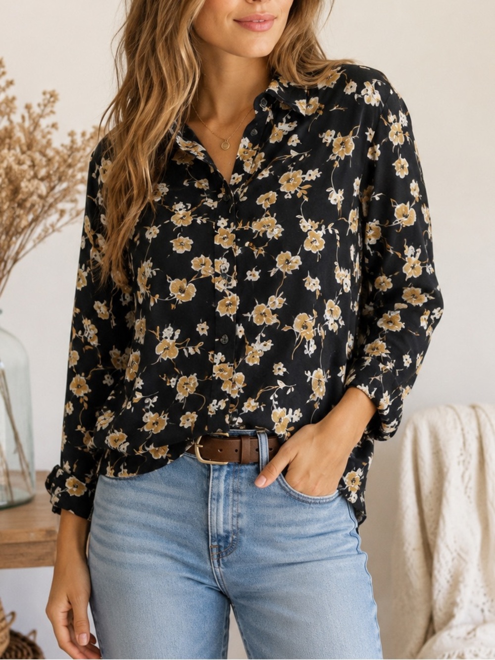 Vintage Maus & Hoffman Floral Button Front Blouse Medium 100% Cotton Made USA